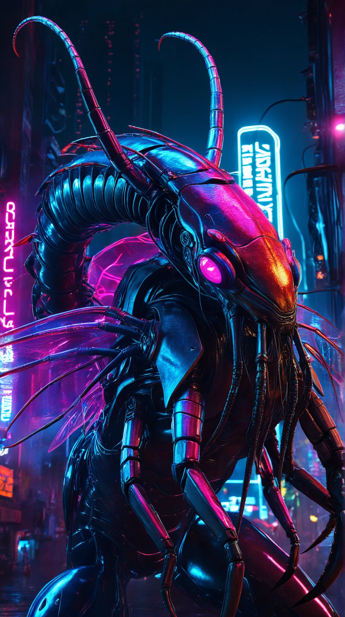 high qualiy, scorpion fighting snake in neon setting/cyber punk