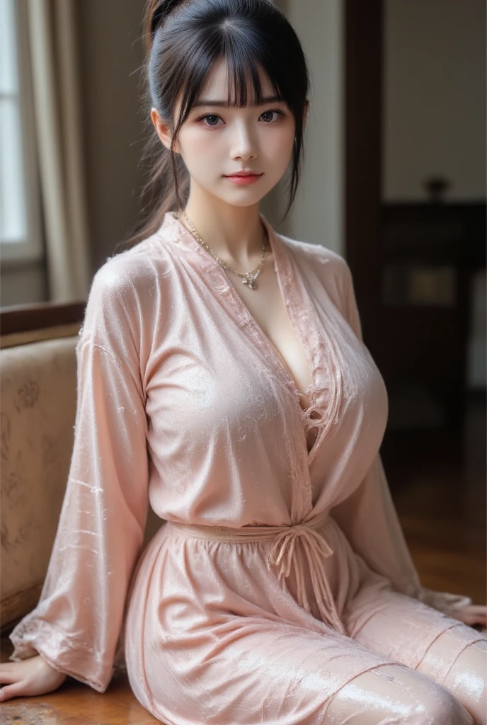 Nikon Z 85mm、((top-quality)) ((masterpiece))、intricate-detail、Sharp focus、proffesional、Photorealsitic、real life、surrealistic、photorealisim、Silhouette Light、finely detail、top-quality、Highly detailed CG Unity 8k wallpapers、erfect artwork、The upper part of the body、shinny hair、radiant eyes、shinny skin、realisitic、The perfect female figure、Constricted waist、Looking at the camera、Ren Hao、enchanting posture、sexy pose、extremely delicate and beautiful、best qualtiy、a beautiful detailed girl、Beautiful fine eyes、Facial Lights、Cinematic lighting、see -through、Transparent material、buttocks expos、realistic representation of face、(intricate detailes、makeups、(Detailed beautiful delicate face、Detailed beautiful delicate eyes、s face)perfectly proportions、Detailed skin、Detailed skin、Best ratio of four fingers and one thumb、arms below breasts、medium large breasts、smooth epigastric、Skinny and thin、lo fashion、独奏、(年轻)、Facial Highlights、The upper part of the body、A detailed face、de pele branca、silber hair、poneyTail、Braids、big eye、silk robe、(Hollow pattern、silk)、耳Nipple Ring、Slim body、luxury room、Professional Writing、tear robe、女の子1人、Thick hair、Pink pajamas、Well-groomed eyes