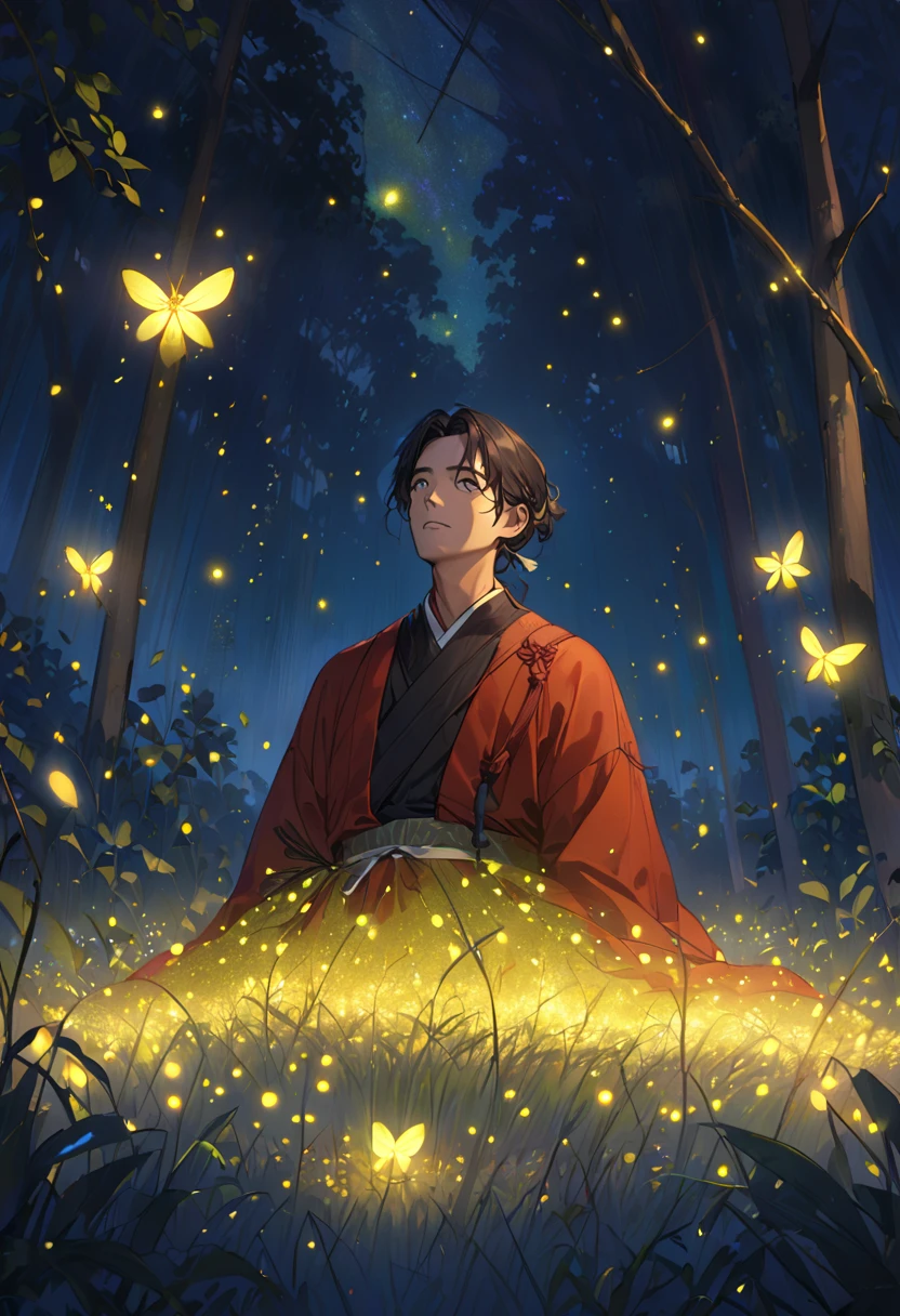 A man made of fireflies,  Surrounded by Fireflies .