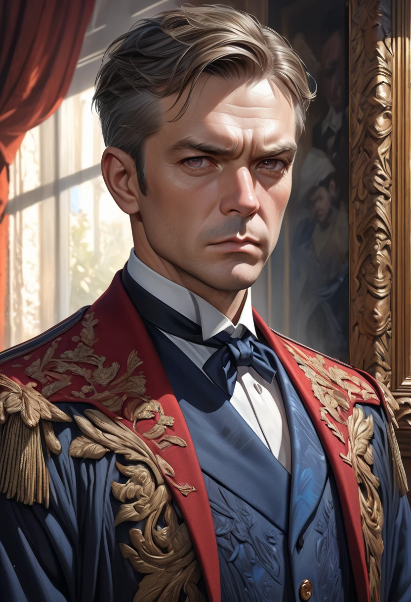 ULTRAREALISM, photorealistic, five realistic details, adult male character, elegant dress, serious expression, formal posture, natural background, soft lighting, saturated colors, detailed textures, oil painting, painting master, ultra-detailed, resolution 8k, hdr, vivid colors