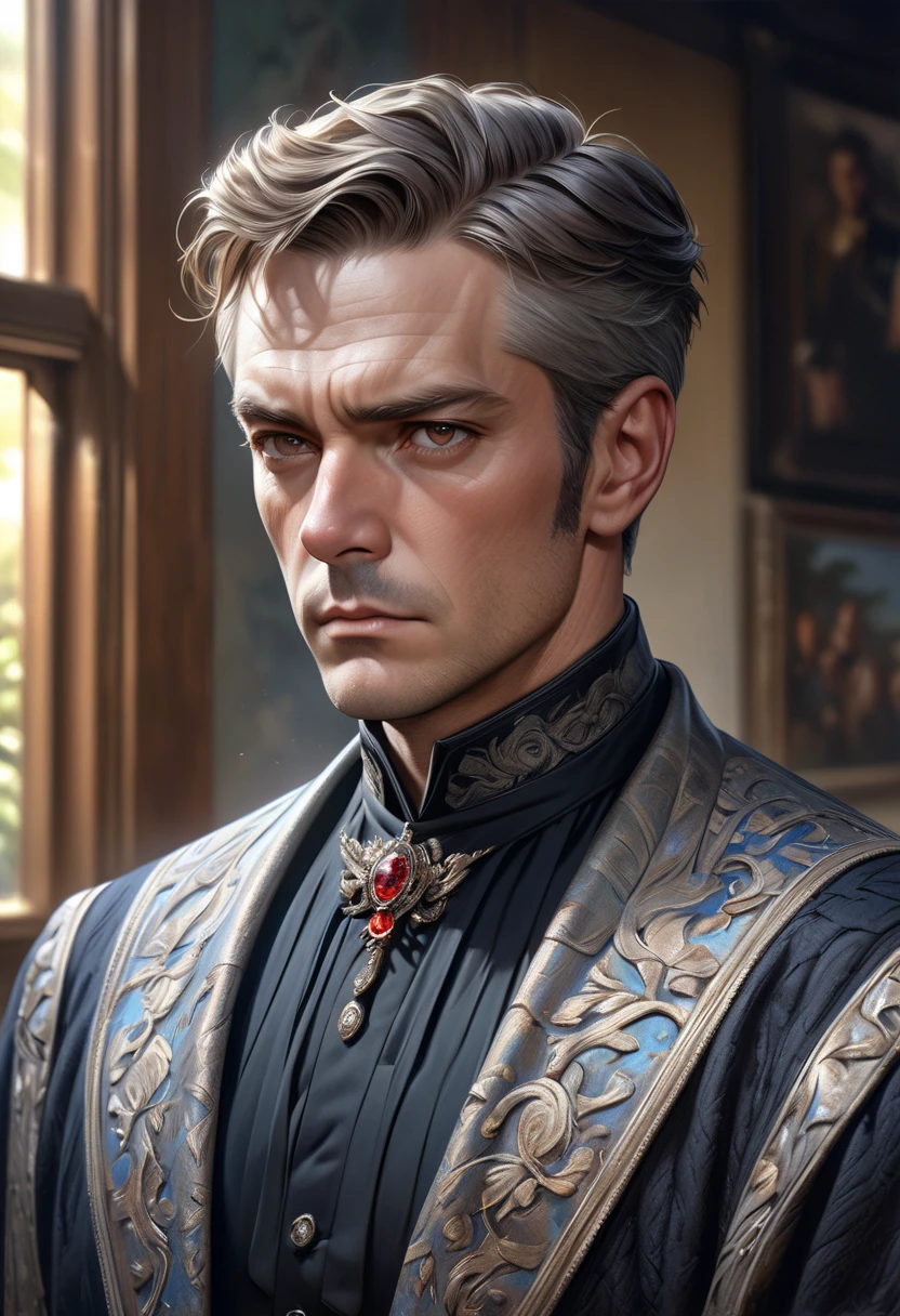 ULTRAREALISM, photorealistic, five realistic details, adult male character, elegant dress, serious expression, formal posture, natural background, soft lighting, saturated colors, detailed textures, oil painting, painting master, ultra-detailed, resolution 8k, hdr, vivid colors