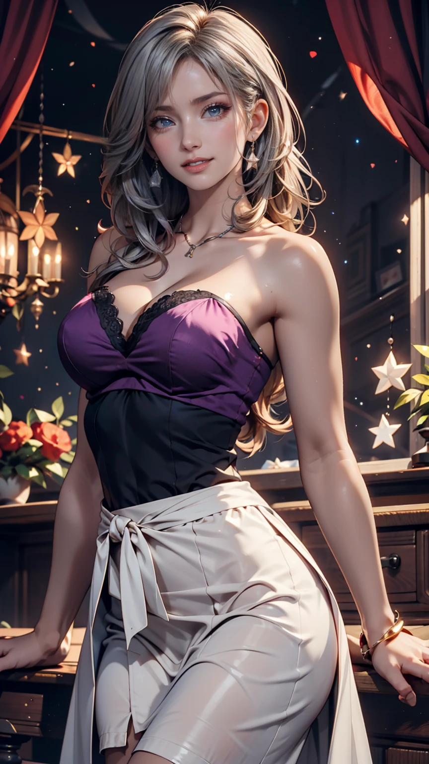 detailed background, masterpiece, top quality, 1 person , curly hair, long hair, purple eyes, Stars in my eyes , Strapless blouse, long skirt、Big Breasts、constricted waist、 slim、slender、 Silver Hair、smile