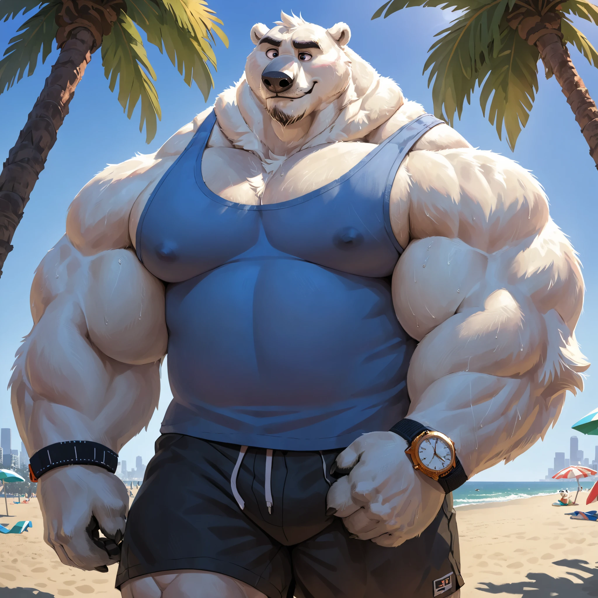 huge muscular polar bear Dad in Tropical Beach, big smirk, polar bear, huge white fur, thick arm, huge arm, bearded. Short white hair and white beard, white mustache, bearded white, (muscular, pectoral, wide pectoral, thick arms), correct anatomy, beach, palm, realistic, detailed grey eyebrows, deatiled eyes with blue pupils, 8k, masterpiece, (wearing black shorts, wristband, watch and shirtless), straining, gainig massive muscle power