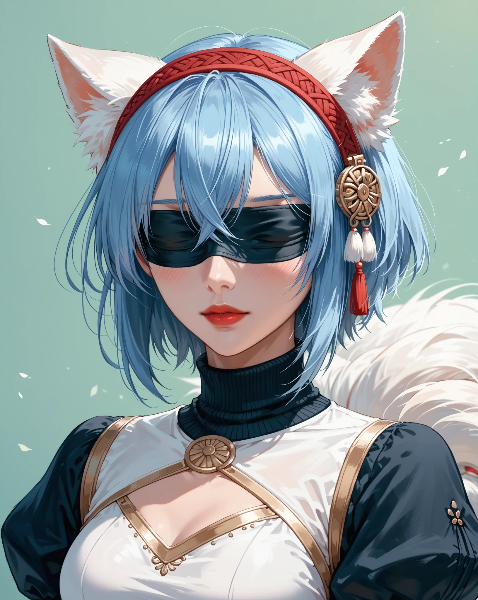 1girl, WLOP, (blindfold), pectorals, cleavage, Cleavage cutout, Dress neckline, green background, Hair between the eyes, headband, High Resolution, juliet sleeves, long sleeves, deny (series), Nier Automata, puffy sleeves, red-lips, shadow face, Short hair, 独奏, turtleneck sweater, upper-body, l blue hair, skye, white fox ears, white fox tail, Nine-tailed fox,