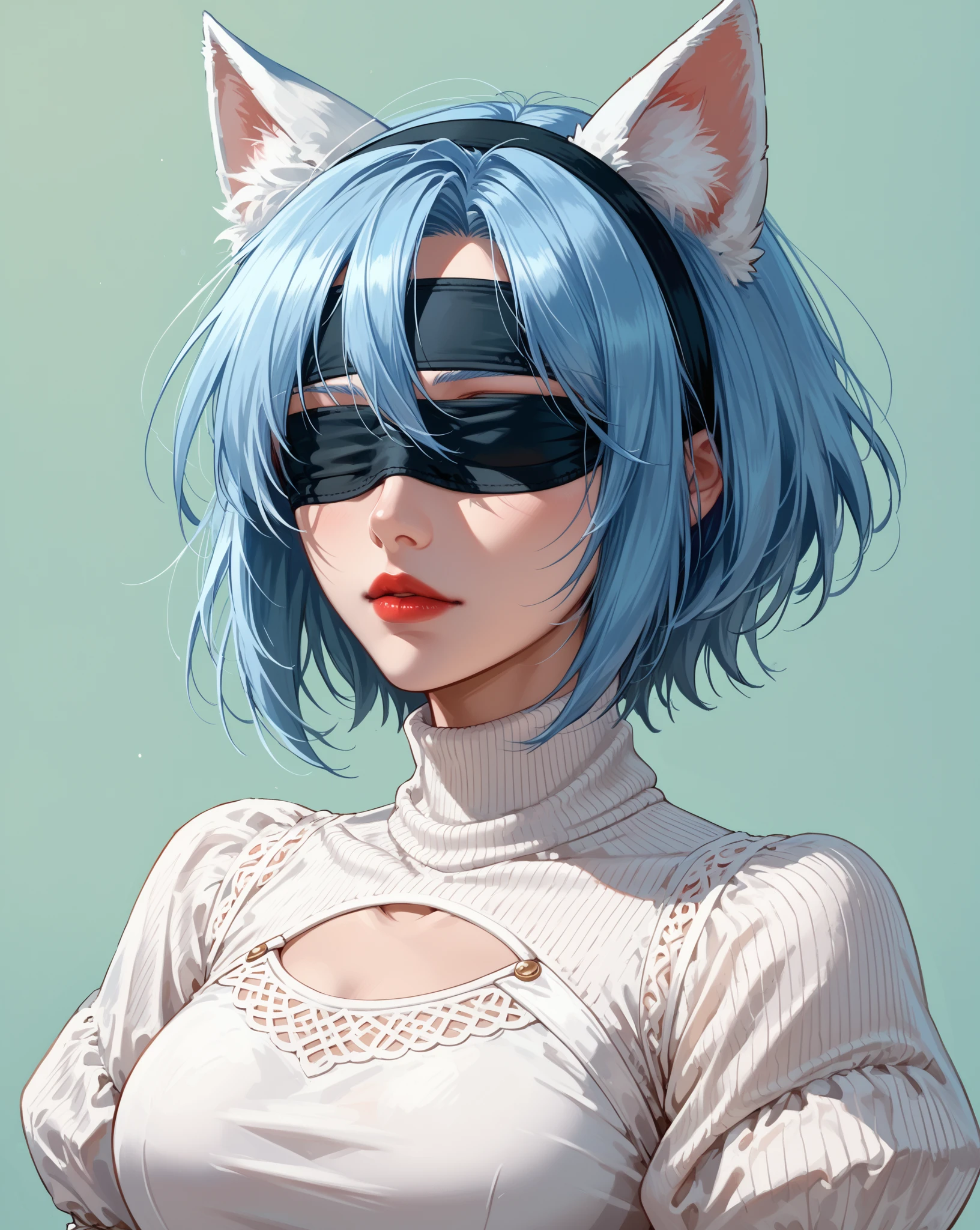 1girl, wlop, (blindfold), breasts, cleavage, cleavage cutout, dress cutout, green background, hair between eyes, headband, high resolution, juliet sleeves, long sleeves, nier (series), nier automata, fluffy sleeves, red lips, shadow face, short hair, solo, turtleneck sweater, upper body, l blue hair, sky, white fox ears, white fox tail, nine-tailed fox,