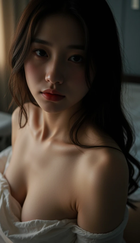 nude,topless,Hair covers nipples,Black Panties,Front view,Very young Japanese woman,The room is very cool、Beautiful lighting,Sit on the bed,Long black hair,One person,whole body,compensate, Highest quality , masterpiece, figure, Very delicate and beautiful,Very detailed,Large file size , High resolution,Beautiful detailed
