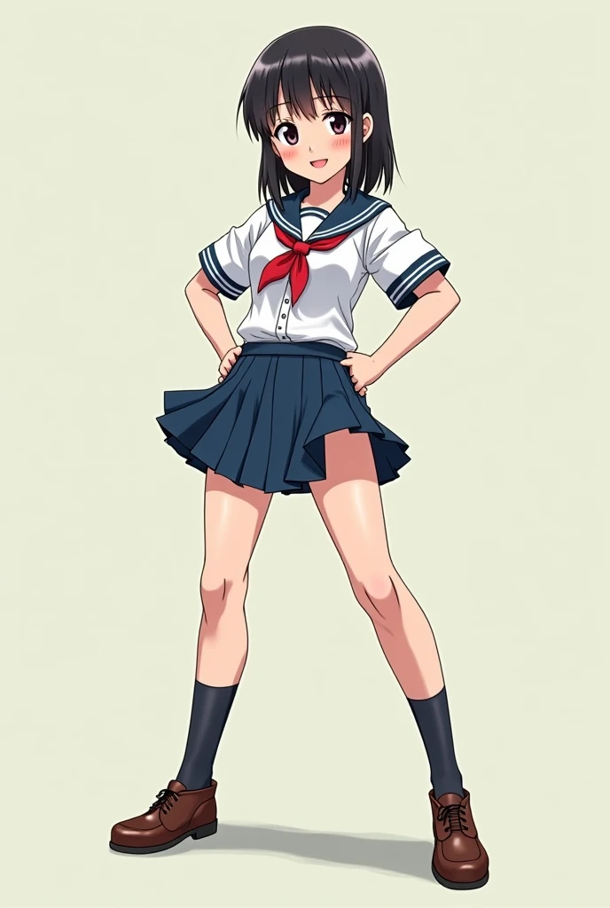 masterpiece, best quality,
1girl, solo, blush, smirk,
large breasts
skirt, clothes lift, thong, serafuku, toned,
anime, flat color, ligne claire, [retro anime, 1990s \(style\),]