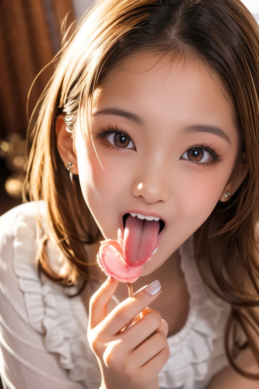 Cute blonde haired girl with cum on her face and body. Sticking out tounge with cum on it. Penises sorounding her