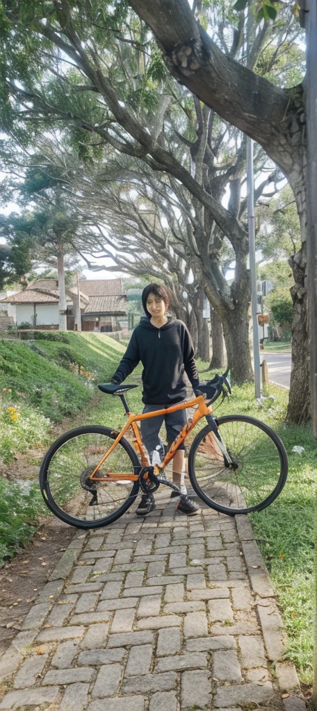 old black adult bicycle、Elementary school boy standing in a Japanese shopping street