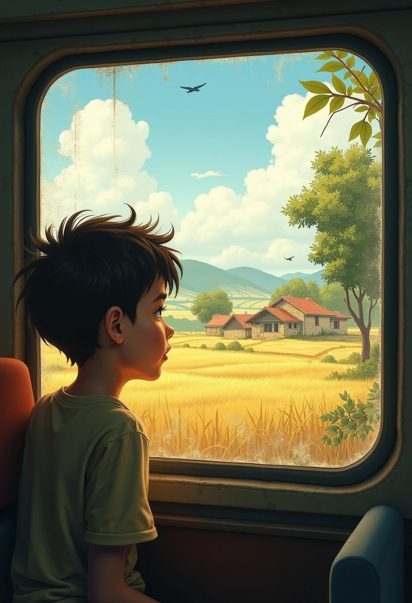 लड़का बस की खिड़की से गांव को निहारता हुआ — बैकग्राउंड में खेत, पेड़ और मिट्टी के घर छूटते हुए।
