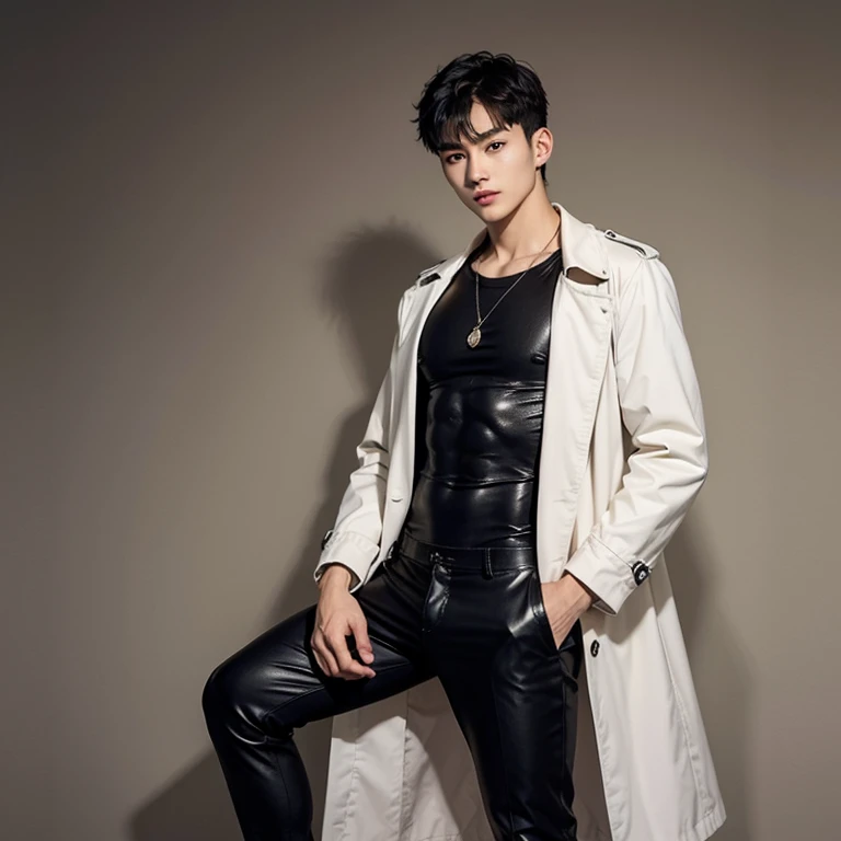 male,thin waist, wide shoulders,Slender legs,Song Weilong wears a black latex suit and latex gloves,abdominal muscles,Full body appearance,chest muscles,sports student,no beard,no body hair,Black leather boots,no chest hair,No beard,Abdomen thrust forward,The whole body is facing the camera,Protruding crotch,Show your crotch,Cocked buttocks,breast belt,neck strap,Wearing black cat earale,Accentuate white hair,Black leather boots,individual,Looking directly into the camera