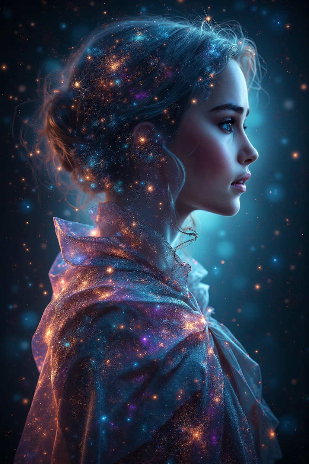 Create an image of delicate shaped galaxies intertwined with cosmic fiber of a mysteriously ephemeral celestial wanderer, perfect and expressive face in double exposure, in a surreal tapestry in the universe, whose silhouette blends perfectly with the cosmic backdrop of swirling stars and galaxies. This conceptual artwork is a digital painting that features intricate detail and depth. The wanderer's iridescent cape glows with ethereal hues, every fold and curve illuminated by an otherworldly glow.