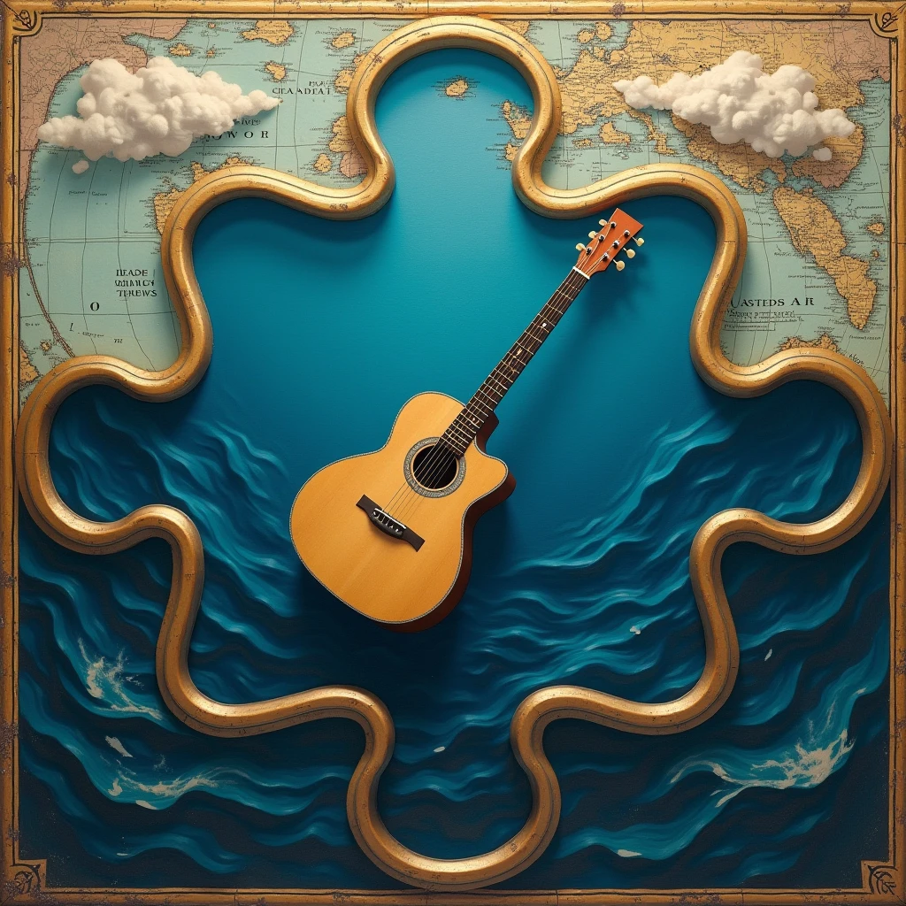 A background painted entirely in deep shades of blue—rich navy, abyssal gradients, and soft ocean hues—sets the tone of the scene, representing not the surface, but the immersive depth of the sea.

At the heart of this vision, the entire scene is crafted as a single, oversized puzzle piece—not part of a puzzle, but the puzzle itself. It’s a symbolic representation of identity and completeness, shaped with soft curves and edges that echo the classic puzzle form. We are not outside the puzzle—we are within it.

The ocean in this piece is not shallow or decorative; it is profoundly deep, almost endless. Within its depths, clearly visible and suspended in motion, lies aguitar—bold and deliberate. It floats with quiet power, symbolizing music, memory, and expression, resting inside the still silence of the water.

Surrounding the scene is a luxurious golden frame, seamlessly integrated into the shape of the puzzle piece itself. It doesn’t just surround—it enhances, following the curves and edges of the puzzle form, giving the entire visual a sense of richness and intentional design.

The composition retains its vintage painterly style, enriched with symbolic meaning and nautical influence. Subtle textures from an aged nautical map wrap around the edges, while soft white clouds drift near the horizon. The deep blues and golden tones blend with purpose, balancing elegance with mystery.

This is not just a visual. It is a statement.
We are the piece and the whole. The voice in the deep. The shape that holds meaning.
A surreal vintage puzzle of identity and memory—deep, symbolic, and framed in gold.