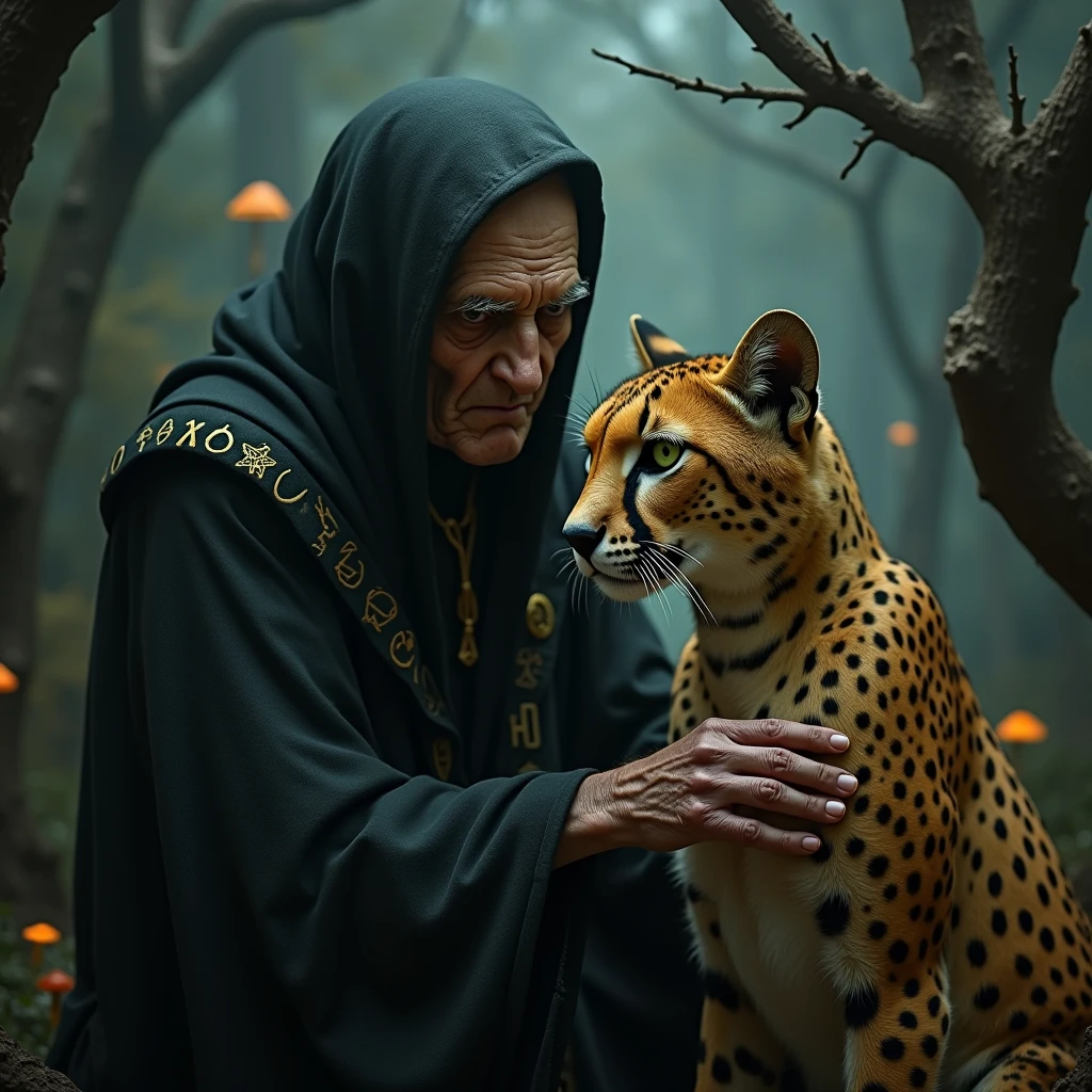 An elderly sinister witch with sharp features, wrinkled pale skin, and glowing green eyes, wearing a tattered black robe adorned with occult symbols. She is gently petting a sleek, muscular cheetah with golden fur and piercing amber eyes. The scene is set in a dark, misty forest with twisted trees and glowing mushrooms. Dramatic lighting, hyper-detailed, digital painting, dark fantasy style, eerie atmosphere, highly realistic textures, 8k resolution.