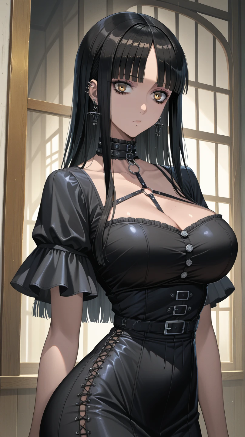 score_9, score_8_up, score_7_up, Goth girl, Goth girl 1girl 1girl,solo,long hair,looking at viewer,simple background,black hair, jewelry,white hair,multicolored hair,choker,black eyes,grey background,necklace,(hair over one eye),two-tone hair,cross,portrait,,  