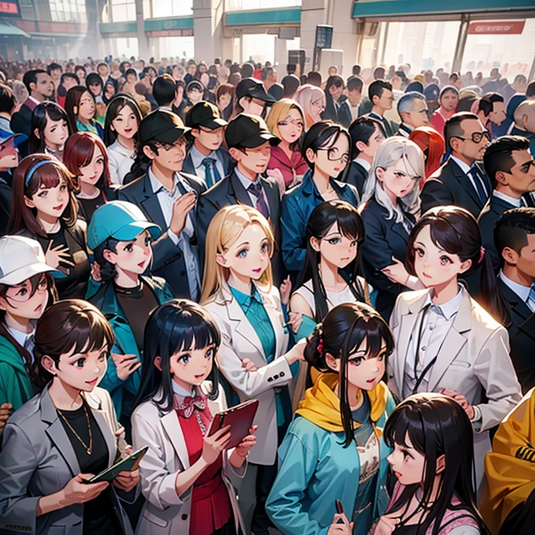 A massive crowd of women, all reaching out with their hands, desperately trying to touch the viewer. The scene emphasizes the overwhelming number of women pushing toward the viewer, with vibrant colors and dramatic shading."