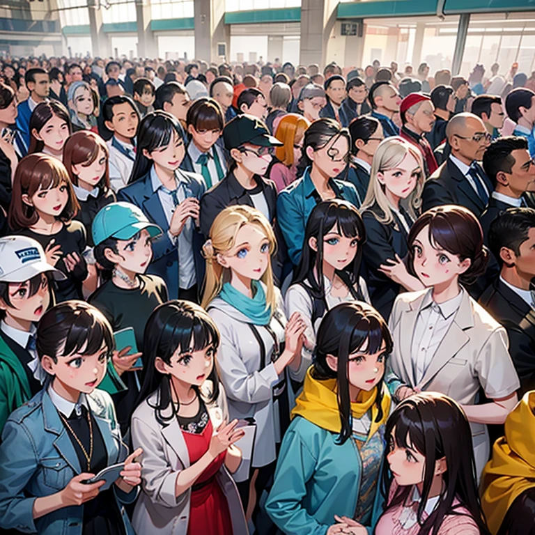 A massive crowd of women, all reaching out with their hands, desperately trying to touch the viewer. The scene emphasizes the overwhelming number of women pushing toward the viewer, with vibrant colors and dramatic shading."