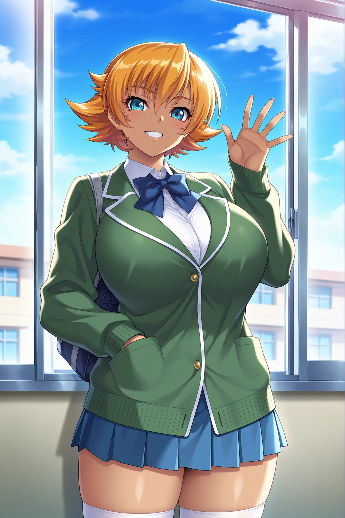 masterpiece,best quality, amazing quality, very aesthetic,anime screencap ,1girl,solo, Igawa Sakura,orange hair, short hair, flipped hair, blue eyes,curvy, huge breasts,school uniform, green jacket, pleated skirt, miniskirt, loafers, white thighhighs, open window, blue skies,classroom,school,standing,hand in pocket, cowboy shot, looking at viewer,grin,waving