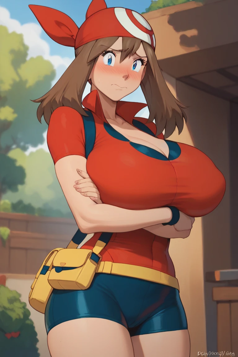 Pokémon、、筋肉質なbig tits milf、筋肉質なbig tits milf、筋肉質なbig tits milf、big tits milf、Haruka、May、 \(Pokémon\)、forest、light、1 girl、solo、cowboy shot、Are standing、looking at the camera、smile、open your mouth、hand on waist、hand on thigh、Red bandana、shirt、skirt、bike shorts、gloves、fanny pack、