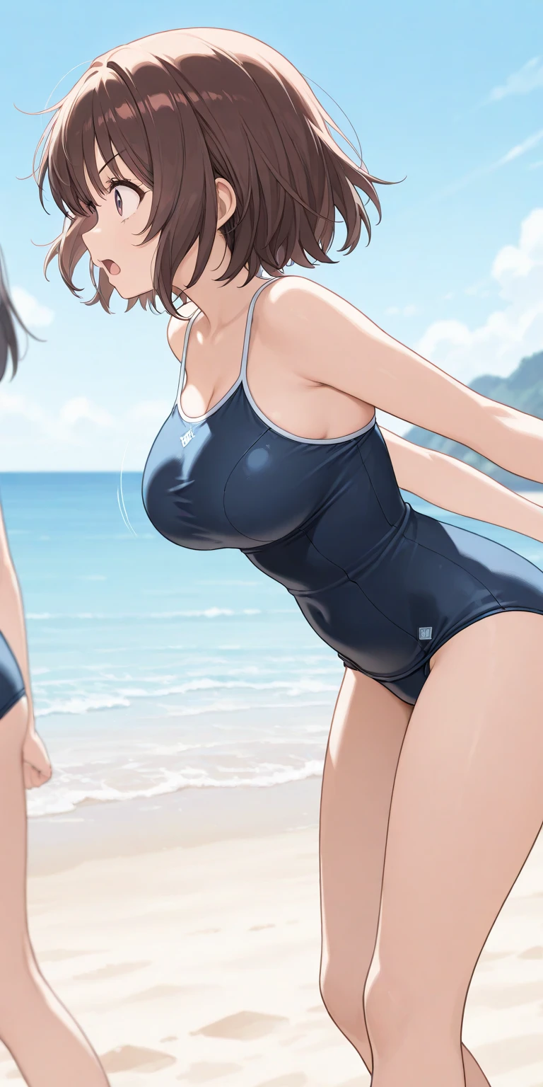 highest quality、High resolution、detailed background、masterpiece、cute10代の美少女、three women、navy blue school swimsuit、brown hair、bob cut、braided ponytail、それぞれcute編み込みヘアスタイル、(huge breasts:1.2)、realistic images、perfect body line、thick thighs、
(Super close-up shot of three beautiful girls wearing school swimsuits at the school pool from below:1.5))、Close-up of swimsuit from below、look at me with cold eyes、Swimsuits that glow when wet、the whole body is wet、Hair is also wet、cute