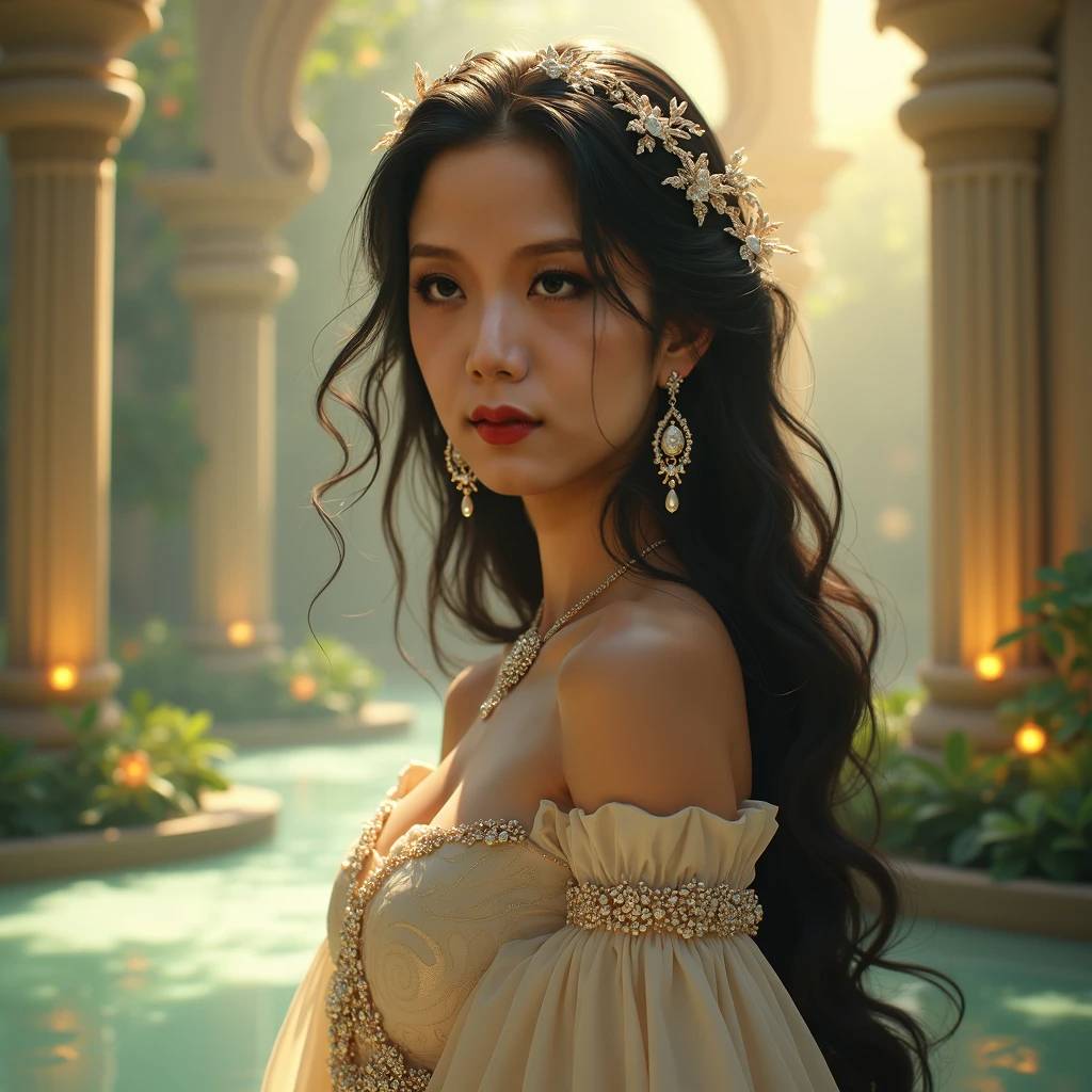 an ethereal, celestial maiden in the Gardens of Jannah, radiating the divine and pure beauty described in classical Islamic texts, Illustrate a maiden with large, luminous eyes that seem to hold a quiet, otherworldly promise of eternal tranquility, Her gaze should be both captivating and modest, echoing the descriptions found in the Quran of companions with deeply expressive, pearl-like eyes, Let her soft, gentle smile convey inner peace and purity, Depict her skin as flawlessly radiant—like luminous moonlight or polished ivory—suggesting an ethereal glow that is timeless and untouched, The quality of her skin should reflect an almost otherworldly perfection, as mentioned in the divine descriptions, Dress her in a flowing, silken garment that drapes gracefully around her form, The fabric should shimmer in delicate hues—subtle golds, soft pastels, or hints of emerald—reminiscent of the luminous pavilions described in Paradise, Include fine, ornate jewelry such as delicate bracelets and earrings crafted from silver and inlaid with pearls or precious stones, echoing Hadith that mention her adorned and exalted state, Render her hair as long and flowing, soft like strands of black or dark silk cascading gently around her shoulders, The detailed rendering should hint at a texture that shimmers under the divine light, integrating subtle highlights that reflect her celestial nature, Set the scene in a lush, vibrant Garden of Paradise, Surround her with features inspired by the descriptions of Jannah—lush, flowering gardens, gently flowing streams reminiscent of milk and honey, and softly glowing natural elements that bathe the entire scene in a divine, warm light, The background should evoke a sense of eternal bliss and peace, with delicate details such as softly lit arches or pavilions that hint at the architectural beauty of the heavenly realm, Use a lighting scheme that appears soft, radiant, and warm, as if imbued with the divine luminescence of Jannah,