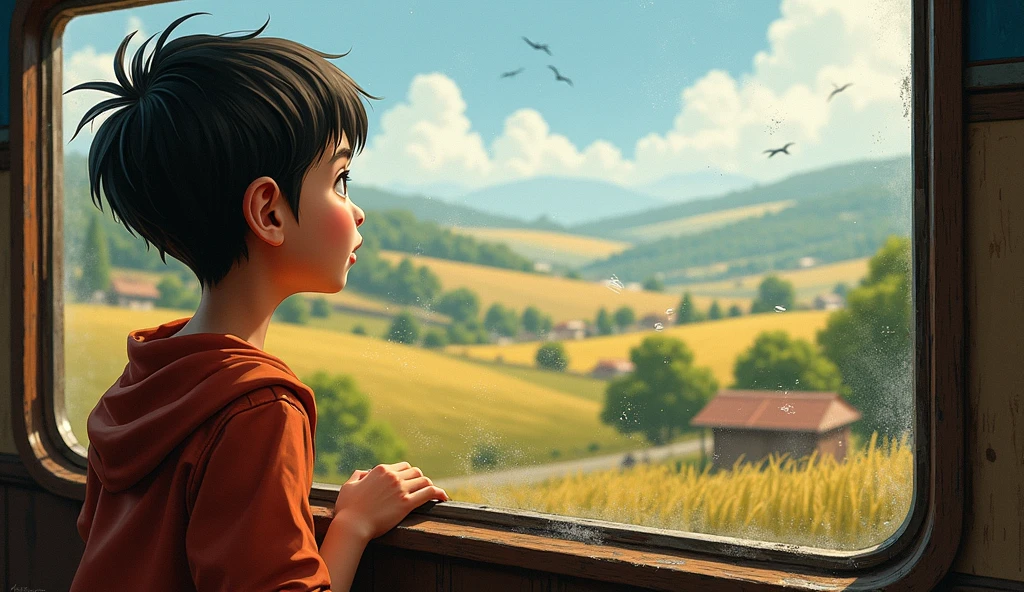लड़का बस की खिड़की से गांव को निहारता हुआ — बैकग्राउंड में खेत, पेड़ और मिट्टी के घर छूटते हुए।
