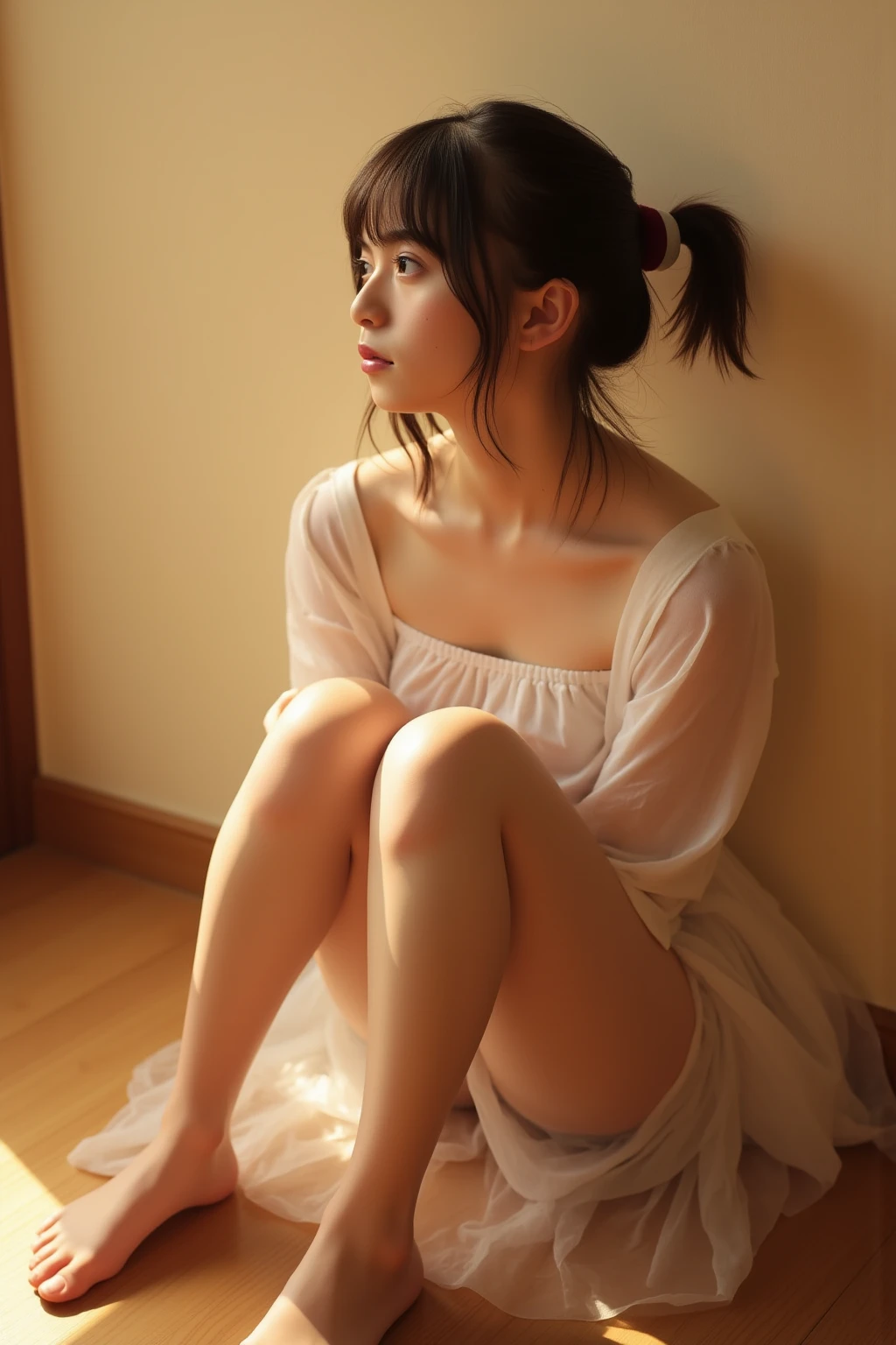 Japanese girl in a fluttering mini skirt Sit on the head with legs apart