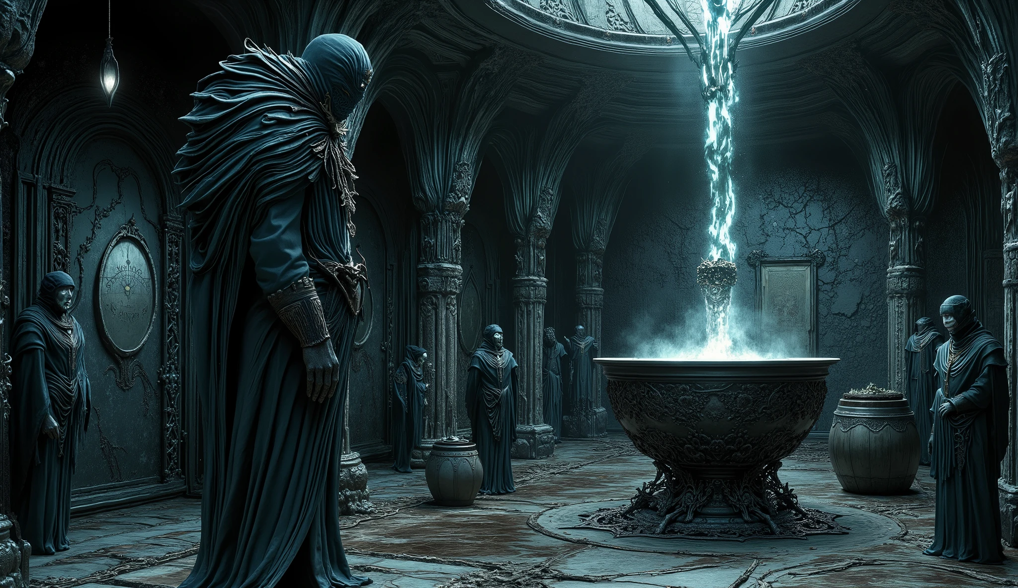 Prompt:
"Within a subterranean sanctum carved from black stone and madness, the brewery pulses like a living organ. Fermenters twist in impossible geometries, exhaling vapors that induce waking visions. Barrels cry in whispers, their staves warped by centuries of fermentation in the dark.
At the heart stands the Cauldron—an obsidian relic, older than language, filled with a sentient ichor that absorbs light and memory. From its surface, an amorphous god-thing rises—part flesh, part idea—dripping ruin and reshaping thought as it climbs. Around it, time slows, curdles.
And beside it: the monk.
Draped in a cowl of flayed hop-vines and fermented habit, he stirs the Cauldron with a bone-hewn mash paddle etched in runes that scream when read. His eyes have long fermented to black. He does not speak. He brews. For whom, none know. Perhaps the Cauldron. Perhaps what waits beneath it.
Behind him, a choir of hooded brewers chants from tomes bound in the skins of apostates, while the walls throb with sigils that bleed when touched. The very air is thick with age, as if the space is fermenting reality itself."
Style: Dense, surreal cosmic horror. Visual style merging ancient monastery with the impossible—detailed, oppressive, and infused with the dread of unknowable purpose.
Negative Prompt:
"bright, whimsical, joyful, low detail, flat, modern, cartoon, hopeful."