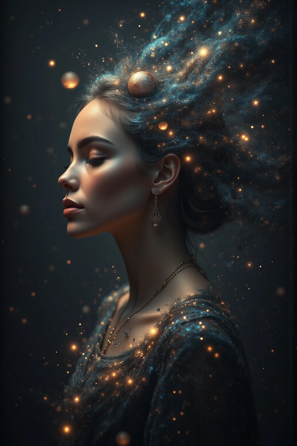 Side face of a very beautiful woman, the hair is a galaxy of stars, the solar system