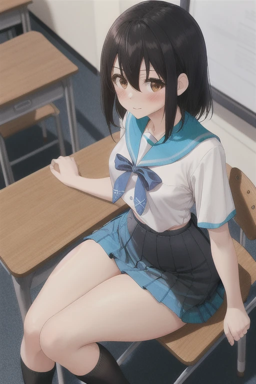 high quality, best quality, masterpiece, absurdres, shirai hinako, black_hair, uniform, 1girl, smile, classroom, blush, sitting