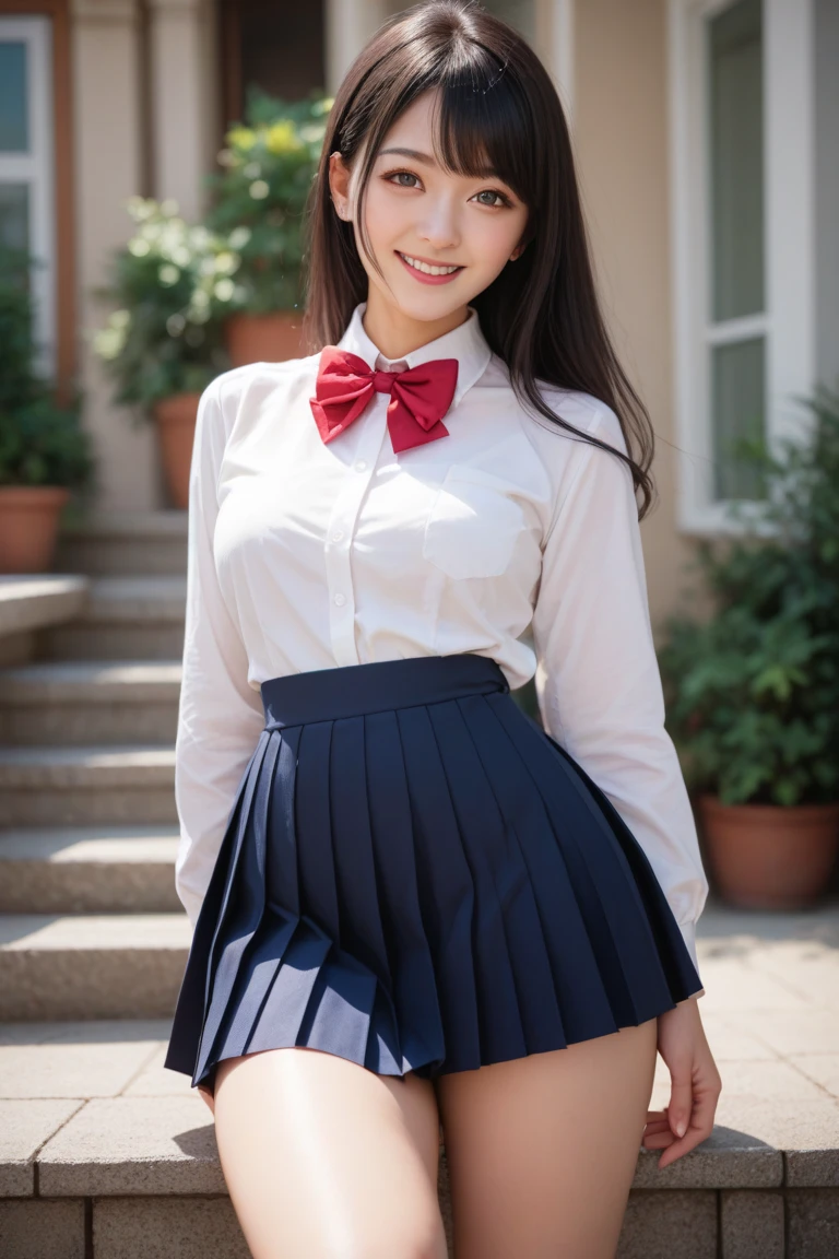 UltrarealismAccuracy, textured leather, Realistic anatomy,similar to Lyvlas 1 girl,girl, Breasts, blushing, twintails, ruby hair, bang, bang на глаза, front view, looks at the viewer, Smile,Parted lips, Double tails, hair ribbon, Hood thrown back,schoolgirl uniform,anime style 
