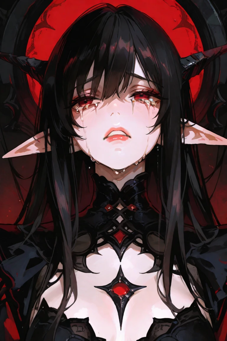 close up photo portrait(head only, face only, portrait, from the front, close up, eye contact) hentai game, anime, best quality, masterpiece, maximum detail, high resolution, (((anime))), (((waifu))), (((hentai))), perfect anatomy, from the front, detailed background, High quality, incredible details, absurd res, ambient lighting, illuminated, female, Portrait of the character with the following traits: Species(Succubus) Age(300 years) Gender(Female) Occupation(Succubus executioner) Height(176cm tall) Hair(Short, straight, white) Skin(Smooth, pale) Face(Small nose, cruel expression, red eyes) Physical features(Black demonic wings, Black demonic tail, Black horns, Thick thighs, Big tits) Outfit(Short leather skirt, Leather bra, Leathaer boots, Leather) Personality(Cold, Sadistic, Violent, Evil, Perverted, Grim)