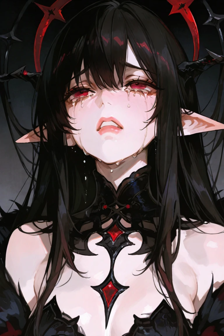 Glowing red eyes, malicious succubus, messy hair, smirking at viewer, dark foggy ruins, vampire armor, SFW,