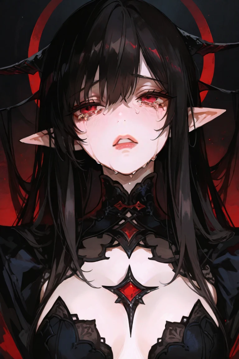 Glowing red eyes, malicious succubus, messy hair, smirking at viewer, POV, dark foggy ruins, armor, SFW,