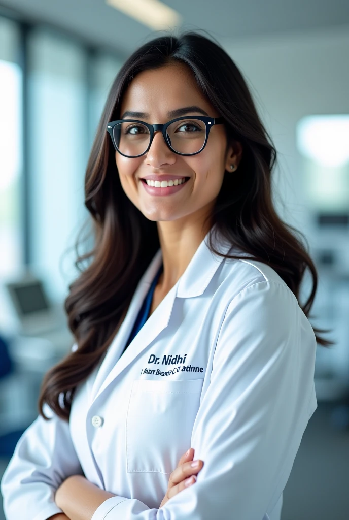 Indian nurse with black glasses with long straight black hair in blue uniform