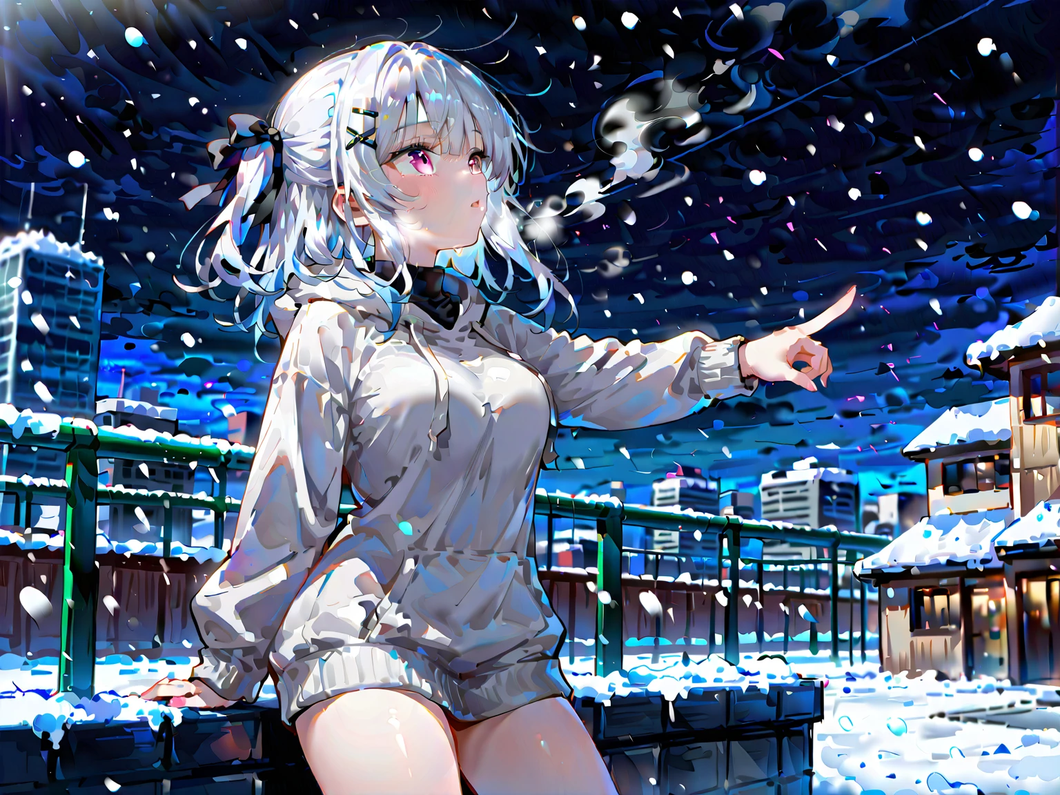 White Haired Girl,Best Quality, medium hair,Asymmetrical hairstyle, ,pink eyes, high resolusion,masterpiece,medium breasts,two black cross hair clip,SkyBlue hair shadow,half updo ,black ribbon,winter,snow,building, rooftop,steam, turtleneck shirt, hoodie,Night, looking up, cowboy shot, arm support on fence, pointing, from below