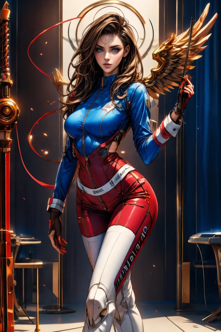 3dmm style,(masterpiece, top quality, best quality, official art, beautiful and aesthetic:1.2), (fractal art:1.3), 1girl, beautiful, high detailed, female Mario, gender swapped, brown hair, red and blue color palette, red plumber's hat, dark lighting, flirty face, looking the sky, sky, medium shot, red and blue ironman armor, jewelry
