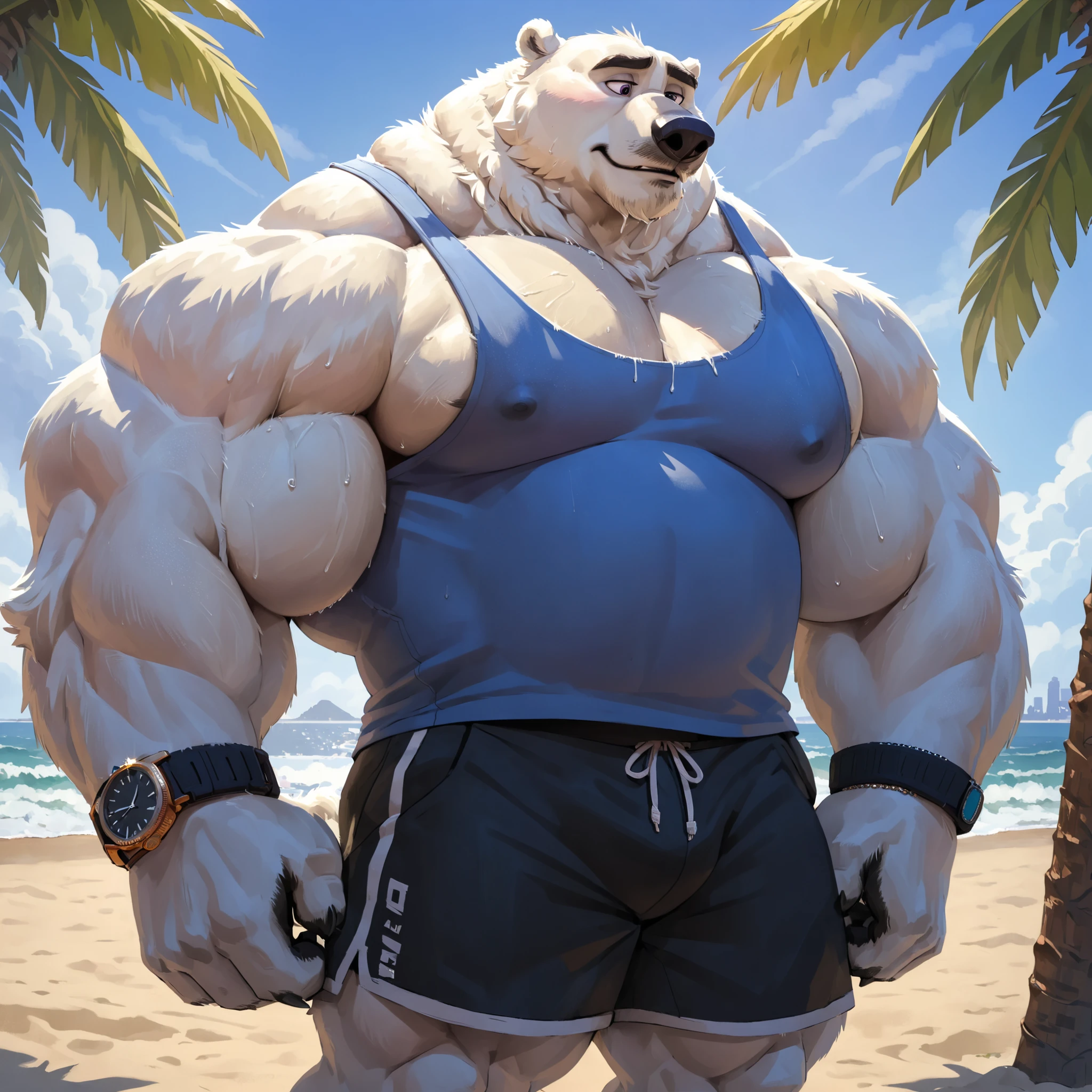 polar bear, old man, male, solo, huge muscular polar bear in L.A. beach, big feats flex, big grunting, polar bear, huge white fur, thick arm, huge arm, thick neck, detailed thick moustache and beard, Short white hair, (muscular, pectoral, wide pectoral, thick arms), height: 220cm (7’8), weight: 254kg (424lbs), beach, palm, Zootopia, masterpiece, eyebrows added, detailed eyes with pupils, (wearing black shorts, wristband, watch, blue tank top and white shoes), poses his body muscles