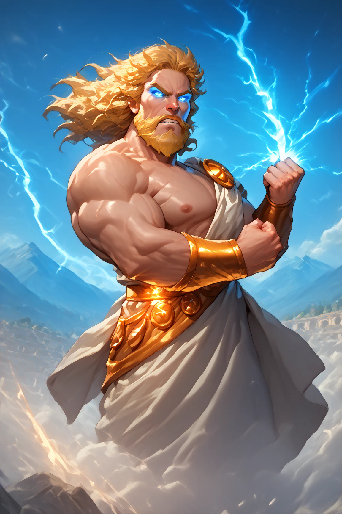 Create powerful Zeus with a tattoo of a symbol written Olympia on the belly