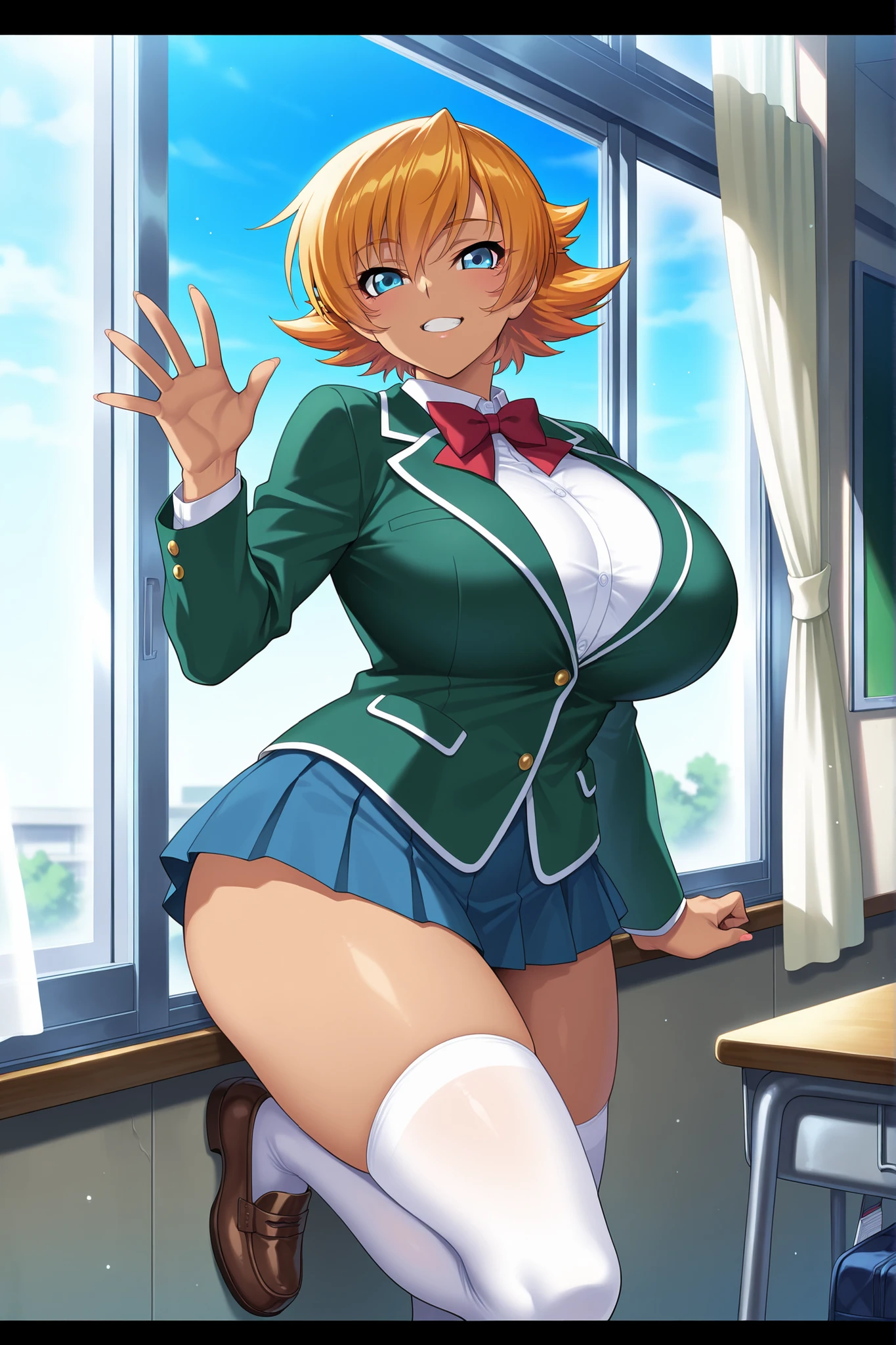 masterpiece,best quality, amazing quality, very aesthetic,anime screencap ,1girl,solo, Igawa Sakura,orange hair, short hair, flipped hair, blue eyes,curvy, huge breasts,school uniform, green jacket, pleated skirt, microskirt, loafers, white thighhighs, open window, blue skies,classroom,school,standing,hand in pocket, cowboy shot, looking at viewer,grin,waving