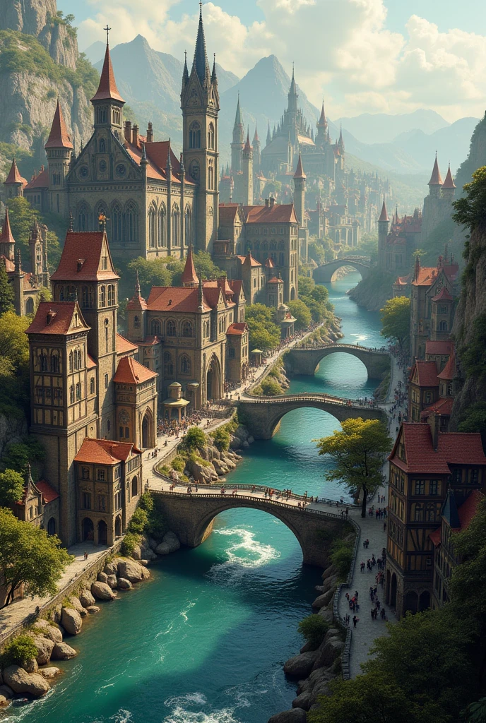 Make a city by building on the edge of a river in magical medieval style, medieval tradicional, medieval vitoriano e medieval tradicional
