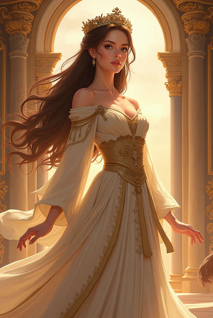 Mrs. Reyna, empress,  with brown hair, hazel eyes, with a kind face, Manhwa style 