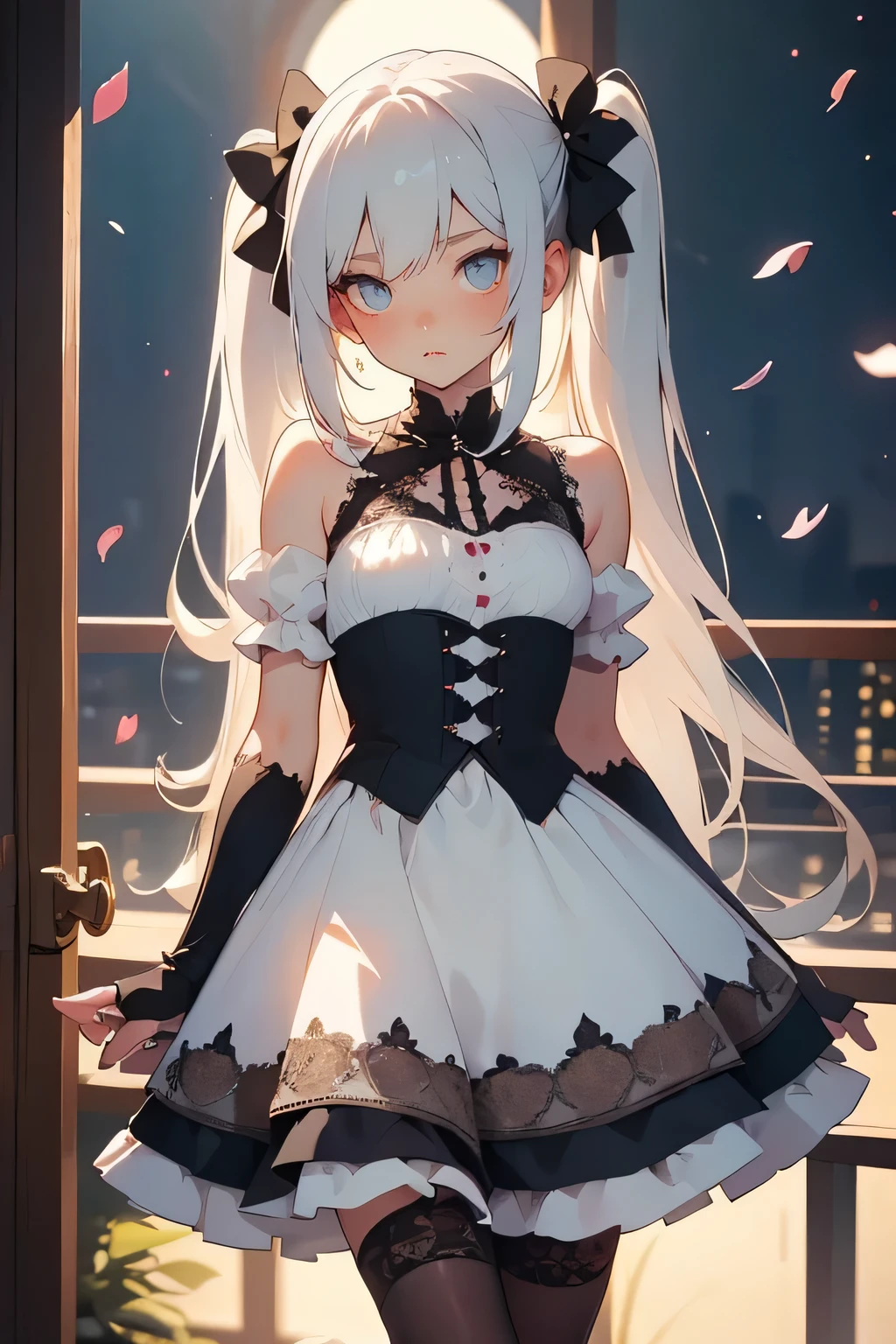 A dreamy anime-style gothic girl with silver twin-tails, wearing a frilled black and white dress with intricate lace details and subtle rose embroidery. She stands confidently on a dimly lit stone balcony under the moonlight, her delicate frame accentuated by sheer black stockings and elegant patterned fishnet tights. A gentle wind plays with her hair and skirt, revealing just enough to suggest charm without being explicit. Her eyes sparkle with quiet mischief and a hint of vulnerability, lips parted as if about to say something, but caught in the silence of the night. Around her, sakura petals drift in the air like whispers of a secret love. The atmosphere is soft, romantic, and mysterious — filled with emotional depth, not NSFW, but full of visual intimacy and poetic allure. Designed to evoke the feeling of a lingering gaze that says everything without a word.