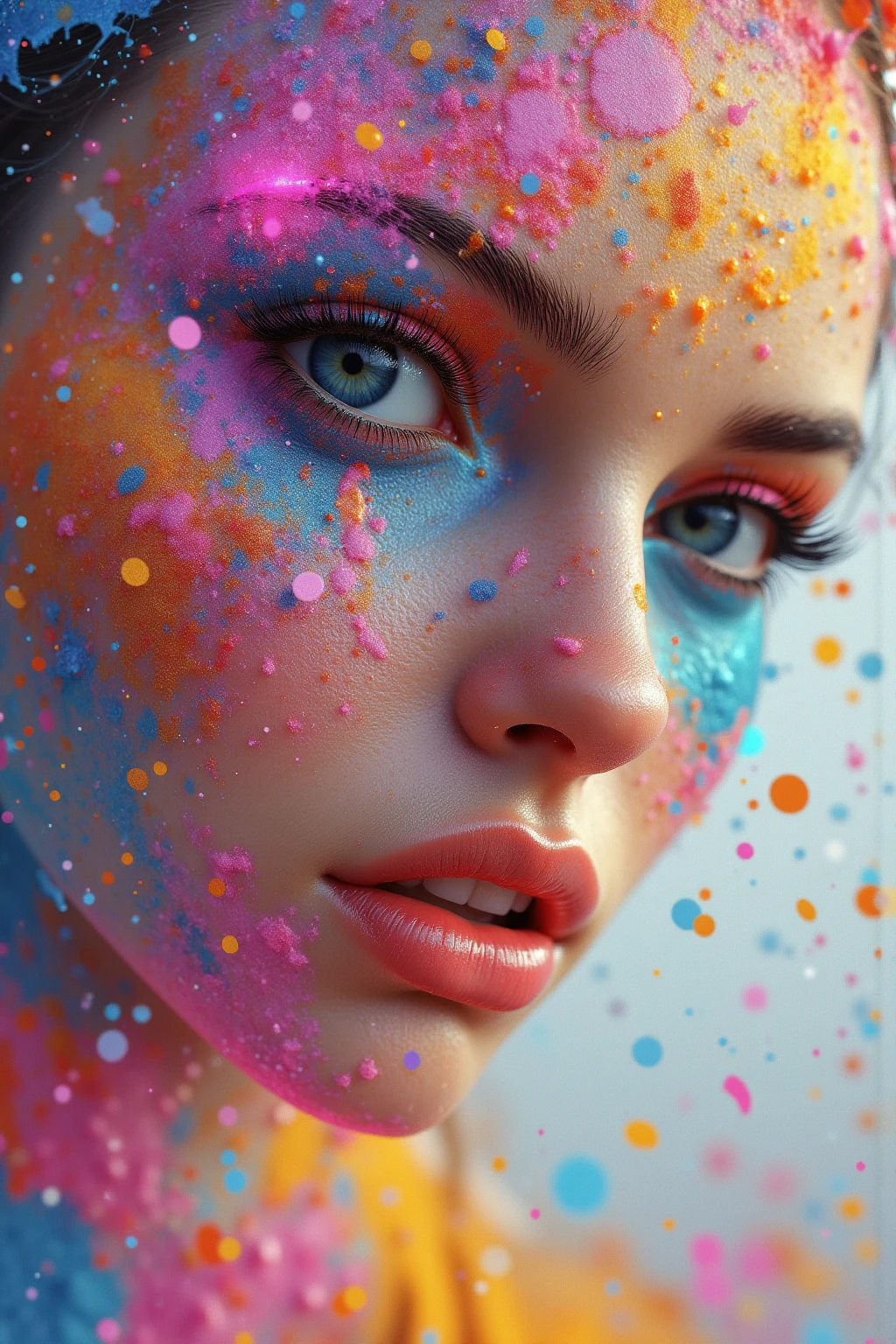 (Masterpiece in maximum 16K resolution:1.6), (intricate detail:1.4), (extremely insane detail:1.4),(highest quality:1.3),(Hyper_realistic:1.3). | ((Soft_color_tones):1.3),((bird eye view):1.3),((wide angle shot):1.2), Clear light, Edge lighting, Perfect image, 16k UE5,editorial painting, superfine, Depth of field, Ultra-realistic, no contrast, clean sharp focus, professional painting, No blurring. | (watercolor painting, colorful, sharp focus), (Pretty French Girl), Agnes Cecile painting, kinetic expression, colorful hair, (Splash and Drip Art Minimalism:1.1), style painting magic. | She is adopting a ((dynamic_pose as interacts, boldly moving around in exciting way):1.3),((perfect_pose):1.5), ((perfect_fingers, better_hands, perfect_hands, perfect_legs):0.7), (((More_Detail))).