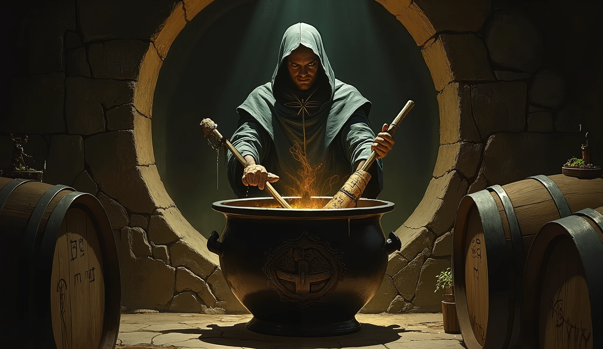 Prompt:
"Within a subterranean sanctum carved from black stone and madness, the brewery pulses like a living organ. Fermenters twist in impossible geometries, exhaling vapors that induce waking visions. Barrels cry in whispers, their staves warped by centuries of fermentation in the dark.
At the heart stands the Cauldron—an obsidian relic, older than language, filled with a sentient ichor that absorbs light and memory. From its surface, an amorphous god-thing rises—part flesh, part idea—dripping ruin and reshaping thought as it climbs. Around it, time slows, curdles.
And beside it: the monk.
Draped in a cowl of flayed hop-vines and fermented habit, he stirs the Cauldron with a bone-hewn mash paddle etched in runes that scream when read. His eyes have long fermented to black. He does not speak. He brews. For whom, none know. Perhaps the Cauldron. Perhaps what waits beneath it.
Behind him, a choir of hooded brewers chants from tomes bound in the skins of apostates, while the walls throb with sigils that bleed when touched. The very air is thick with age, as if the space is fermenting reality itself."
Style: Dense, surreal cosmic horror. Visual style merging ancient monastery with the impossible—detailed, oppressive, and infused with the dread of unknowable purpose.
Negative Prompt:
"bright, whimsical, joyful, low detail, flat, modern, cartoon, hopeful."