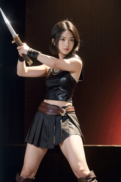 Official art, extremely detailed CG Unity 8k wallpaper, best quality, masterpiece, high resolution, pretty girl ninja, short hair, black cut top leather armor, brown belt, scabbard on thigh, Japanese sword, leather gloves, black mini leather skirt, black over-the-knee flat boots, tight leather, full body photo, melon face, small face, fell to the ground, skirt leaking, open legs, no panties, blood, bloody scars on the stomach,