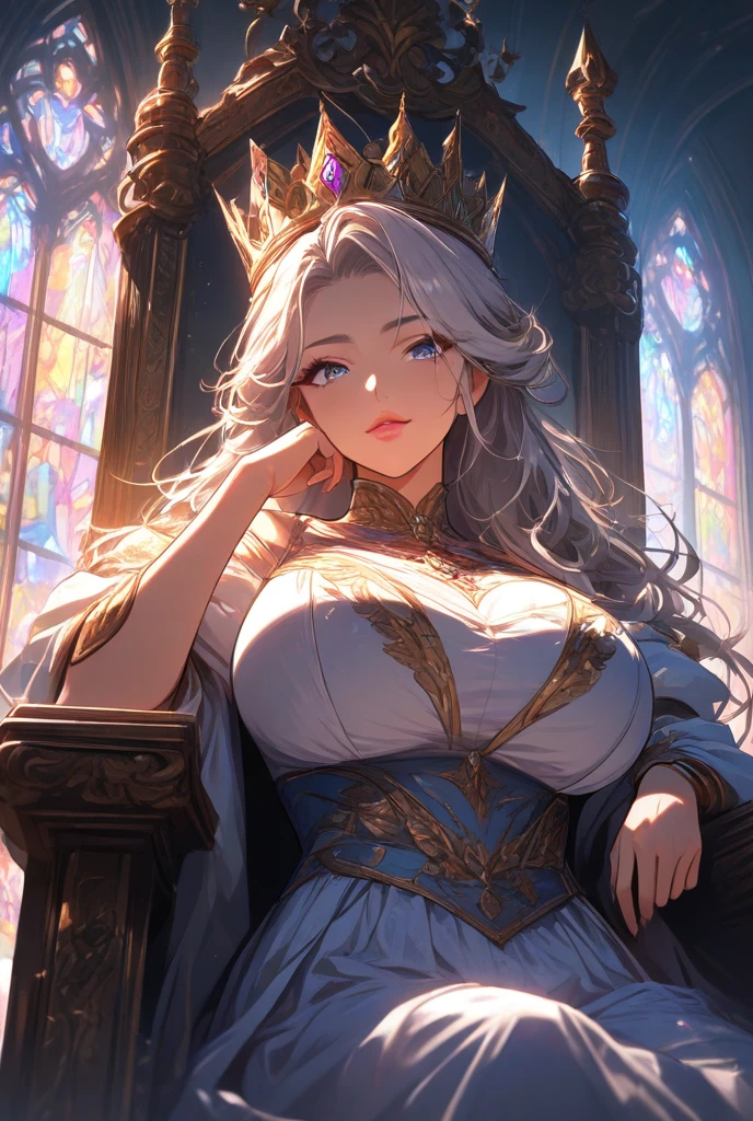 ( best pictures , Masterpiece ) queen , Mum's hair is tied up. ,blue eyes ,black hair , meditate , holding a glass