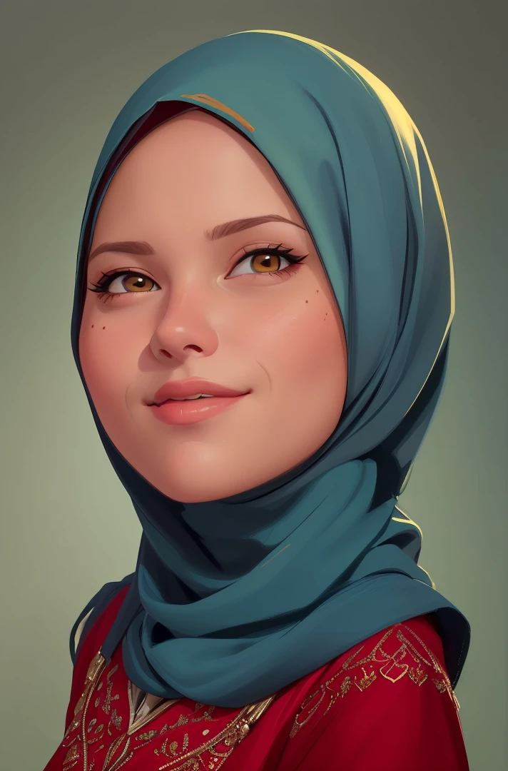 a close up of a woman wearing a hijab and a red shirt, digital illustration portrait, detailed color portrait, realistic female portrait, detailed illustration portrait, realistic portrait, portrait illustration, cartoon portrait, digital art portrait, realistic studio portrait, realistic detailed face portrait, digital portrait, photo realistic portrait, high quality portrait, cartoon digital painting, epic portrait illustration