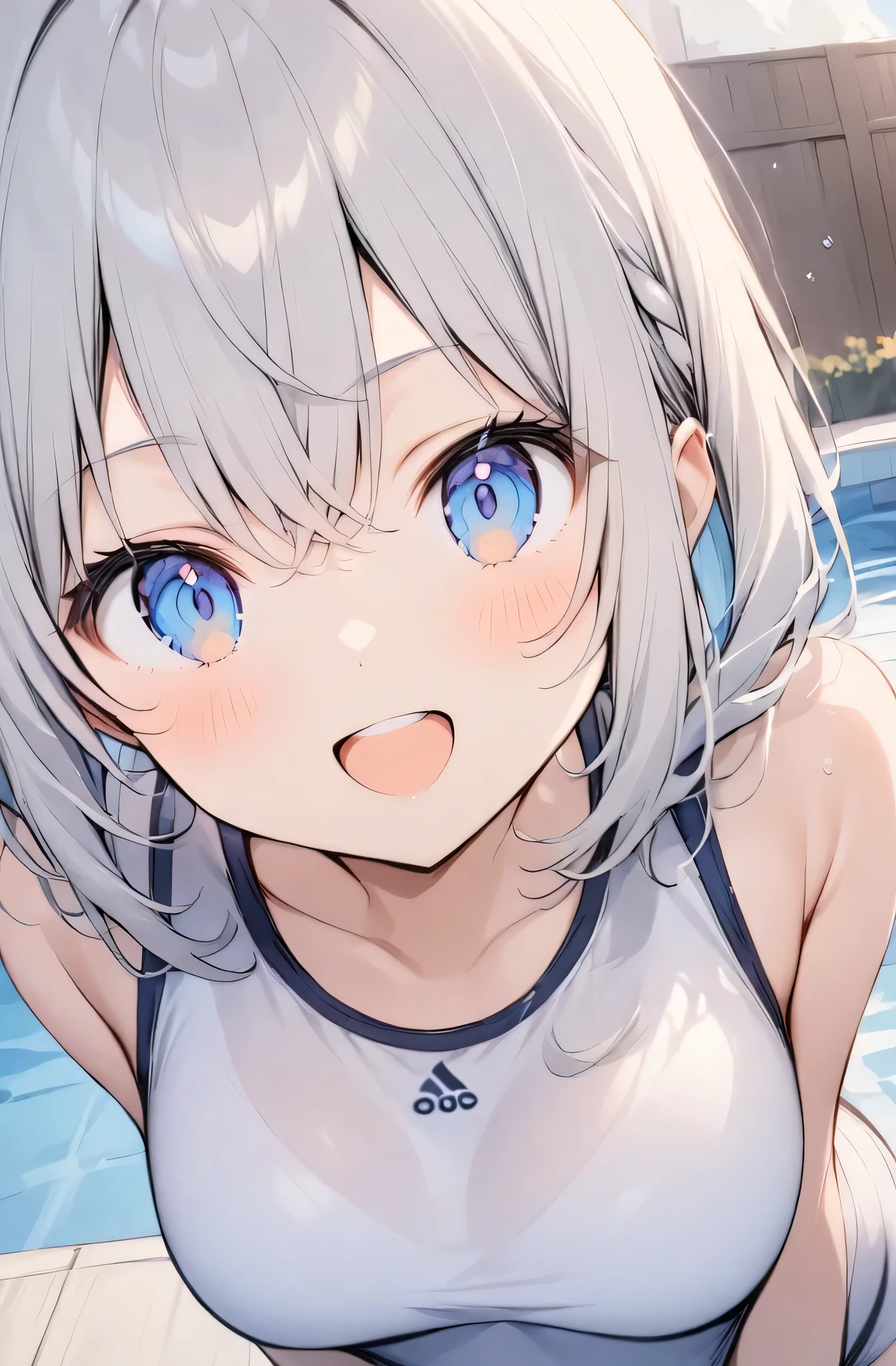 Two Girls, masterpiece, Highest quality, Highly detailed CG Unity 8k wallpaper, High School Girl Anime Illustration. Please wear a cute bikini swimsuit., Raise your hands in a joyful pose, She closes her eyes and opens her mouth wide, smile. white hair color, Yellow Eyes, Bokeh, Spotlight Light, The background is a large outdoor swimming pool with sunlight streaming in., Bokeh photo, (Soft Focus): 1.2, Out of focus highlights, Dreamy atmosphere, Fascinating Depth