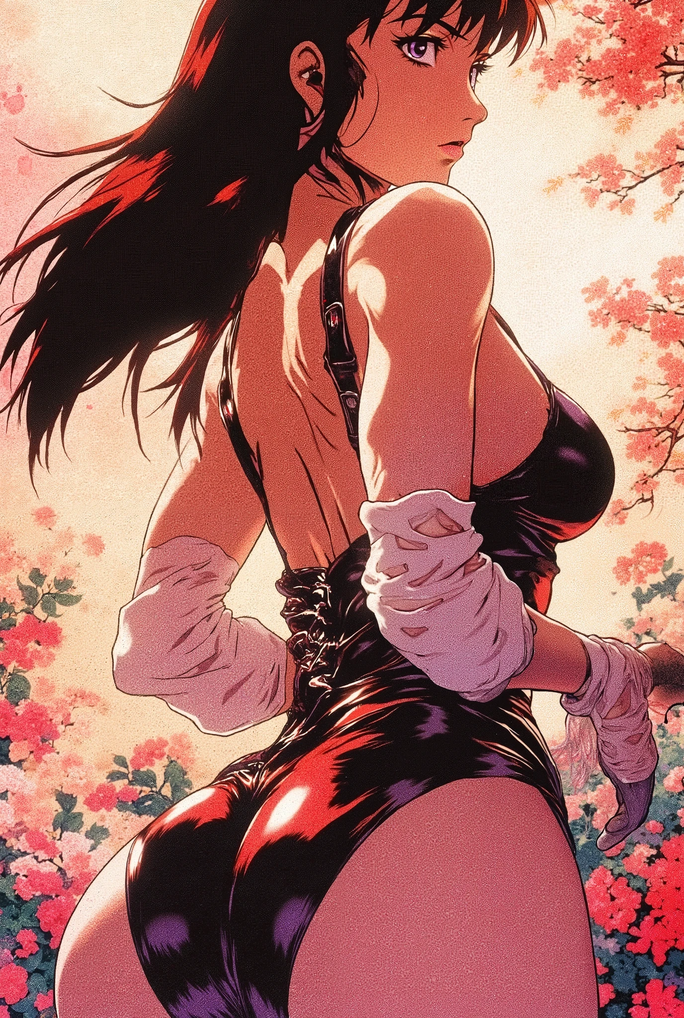 masterpiece, best quality, amazing quality, very aesthetic, newest, mole near mouth 1girl, solo, nyotengu \(doa\), cleavage, plump lips, straight hair, side locks, hime cut, makeup, purple eyes, bewitching, seductive, BREAK best quality, amazing quality, very aesthetic, flat colors, Artist:ilya kuvshinov, Artitst: incase0.65, 1MILF, open eyes, angle, sweat, motion lines, motion blur, partial nudity, mature female, housewife, BREAK dynamic light, warm_light, vibrant colors warm_colors, soft focus, high contrast, textured surfaces, depth of field, golden hour lighting, dramatic shadows, rich details, nature-inspired color palette, playful composition. ,dynamic light,background, BREAK backless dress, (gigantic cleavage:1.8),evening gown,halter dress,plunging neckline,silver dress,pelvic curtain, arm behind head, Lace gloves with long sleeves and a ring,